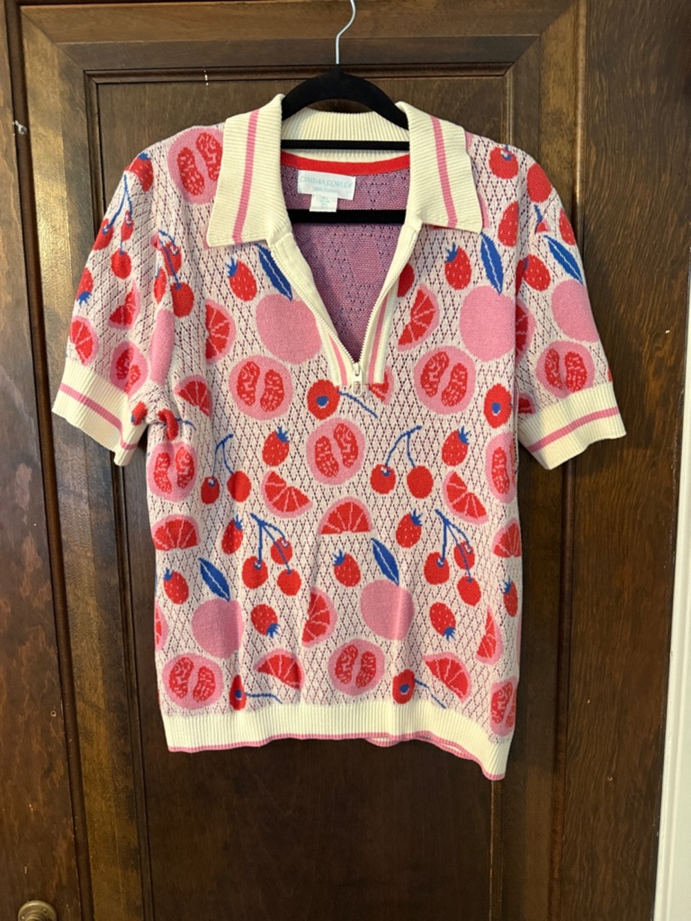 Cynthia Rowley Pink Fruit-Print V-Neck Polo Sweater